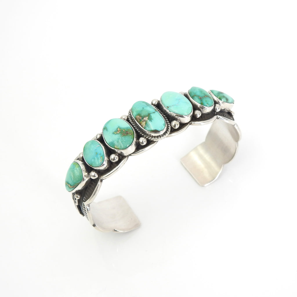 Sterling Silver Navajo Cuff Bracelet w/ Seven Turquoise Stones