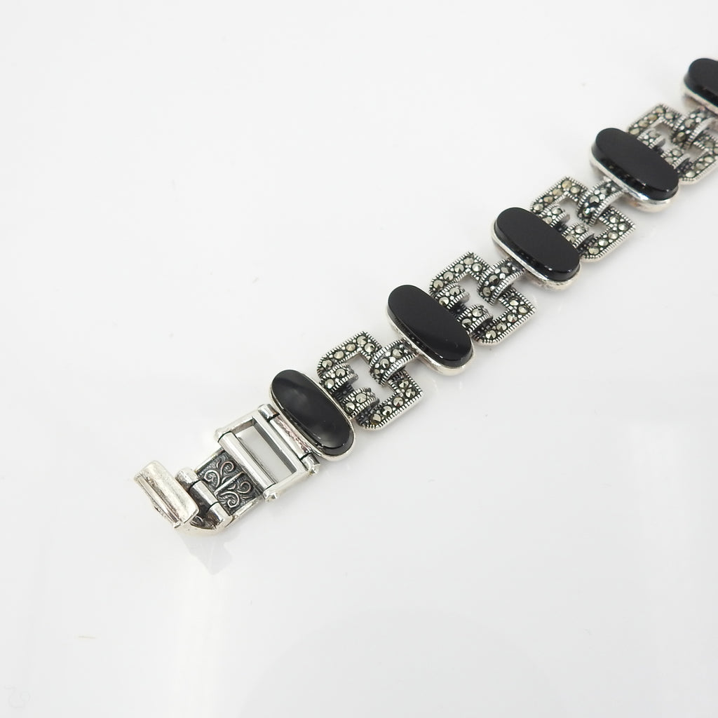 Sterling Silver Vintage Inspired Onyx & Marcasite Bracelet