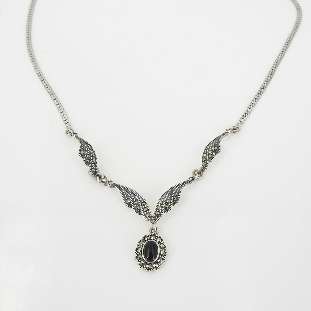 Sterling Silver Antique Inspired Marcasite & Onyx Necklace