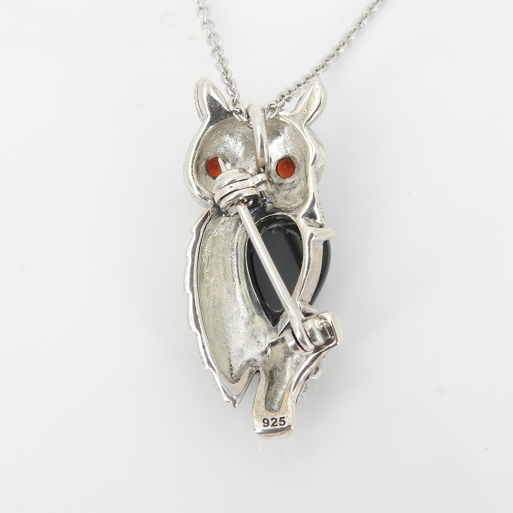 Sterling Silver Marcasite & Onyx Owl Pin / Pendant