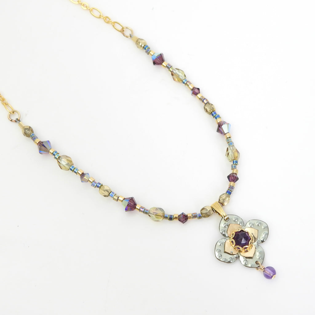 Metal Flower Necklace w/ Amethyst & Crystal Beads