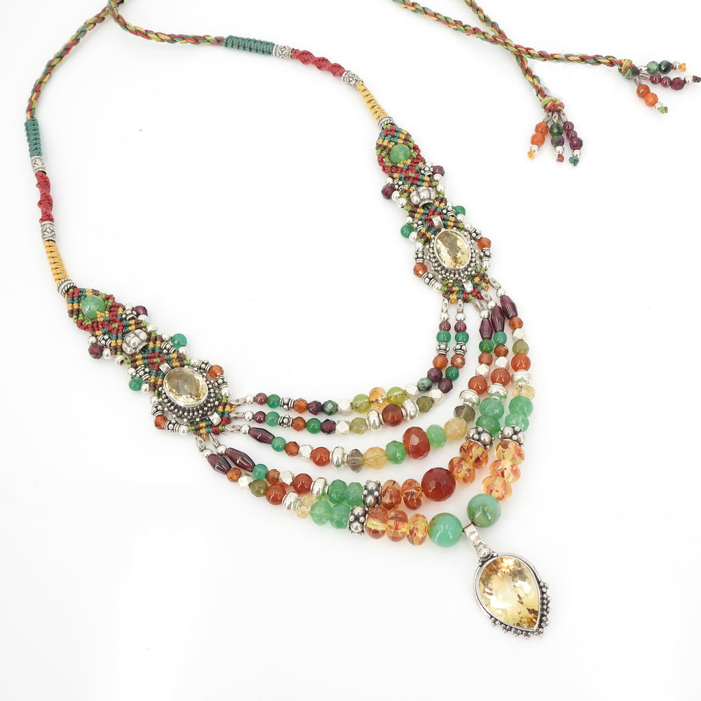 Isha Elafi Multi Strand Citrine Emerald & Mixed Stone Nomadic Knotwork Necklace