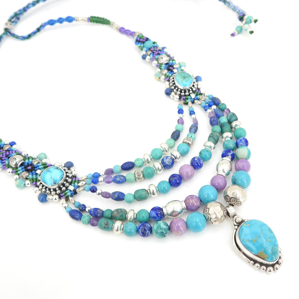 Isha Elafi Multi Strand Turquoise Lapis & Amethyst Nomadic Knotwork Necklace
