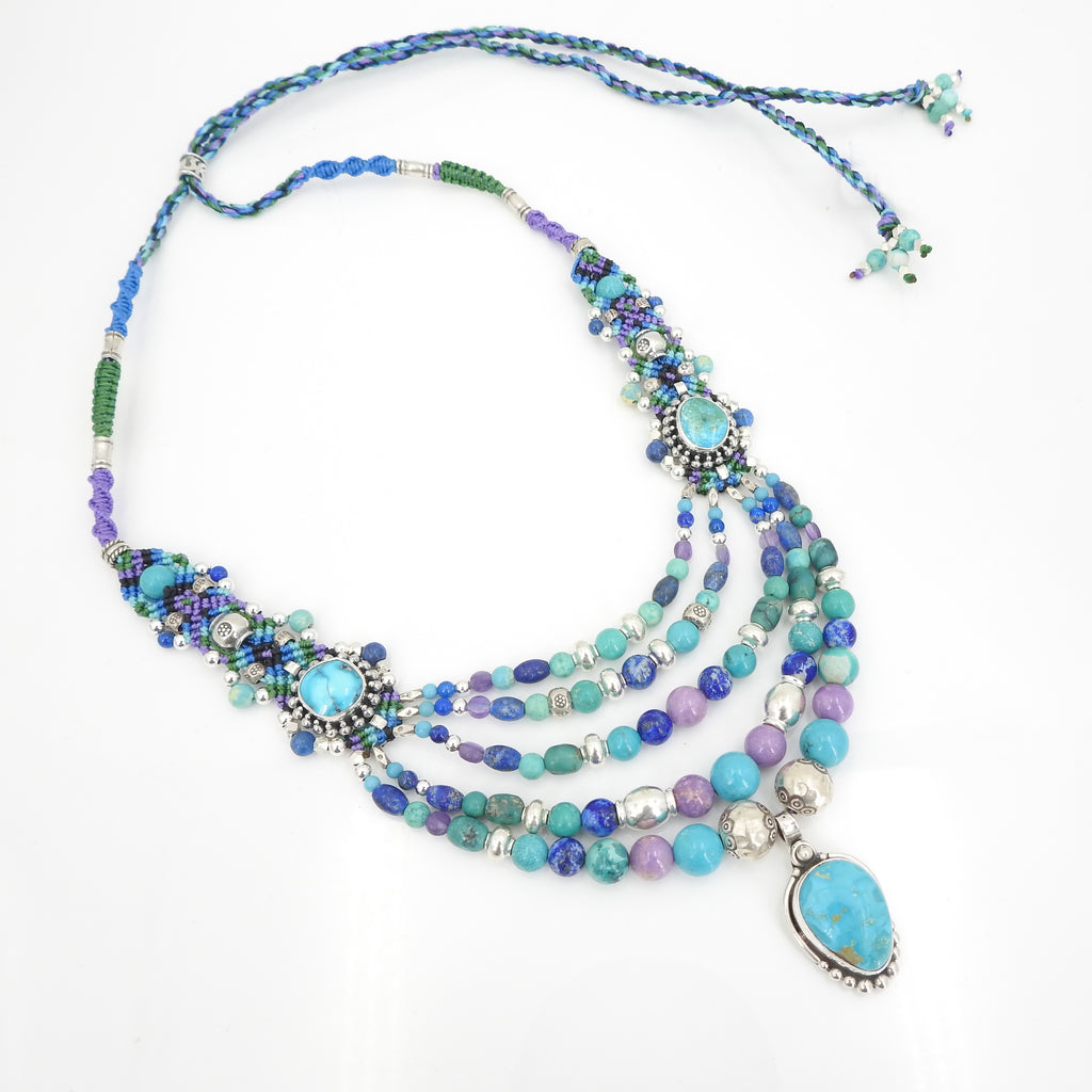 Isha Elafi Multi Strand Turquoise Lapis & Amethyst Nomadic Knotwork Necklace