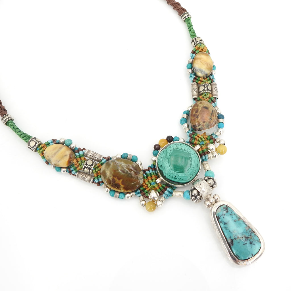 Sterling Silver Isha Elafi Malachite & Turquoise Nomadic Knotwork Necklace