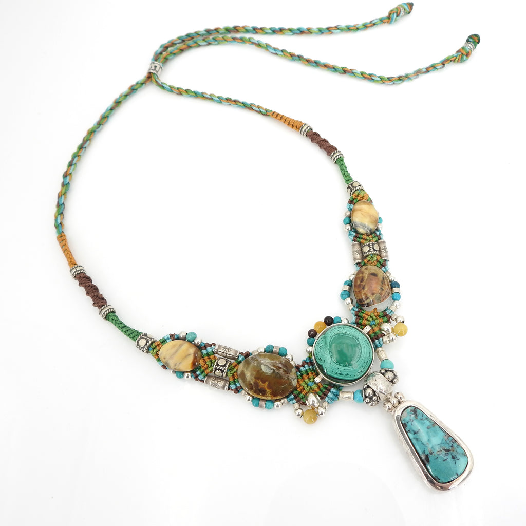 Sterling Silver Isha Elafi Malachite & Turquoise Nomadic Knotwork Necklace