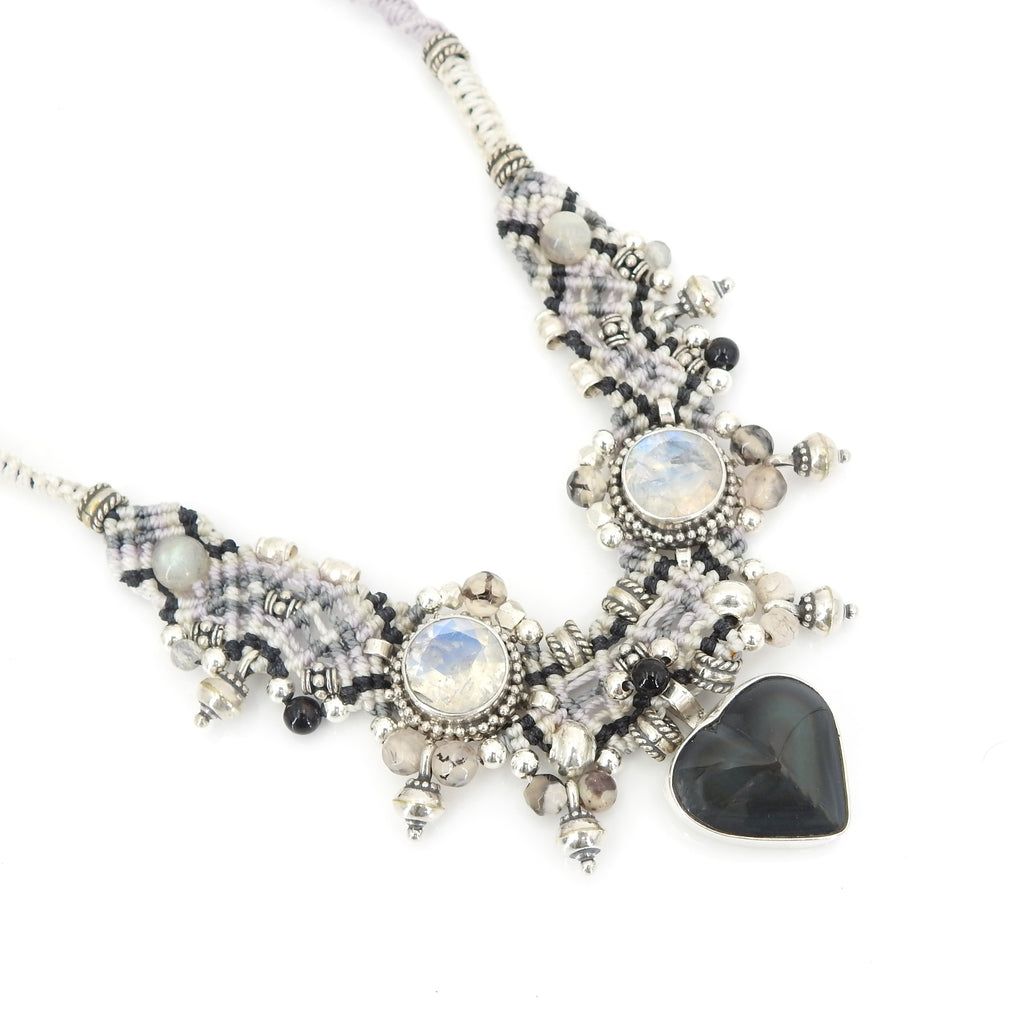 Sterling Silver Isha Elafi Rainbow Obsidian Heart & Moonstone Nomadic Knotwork Necklace