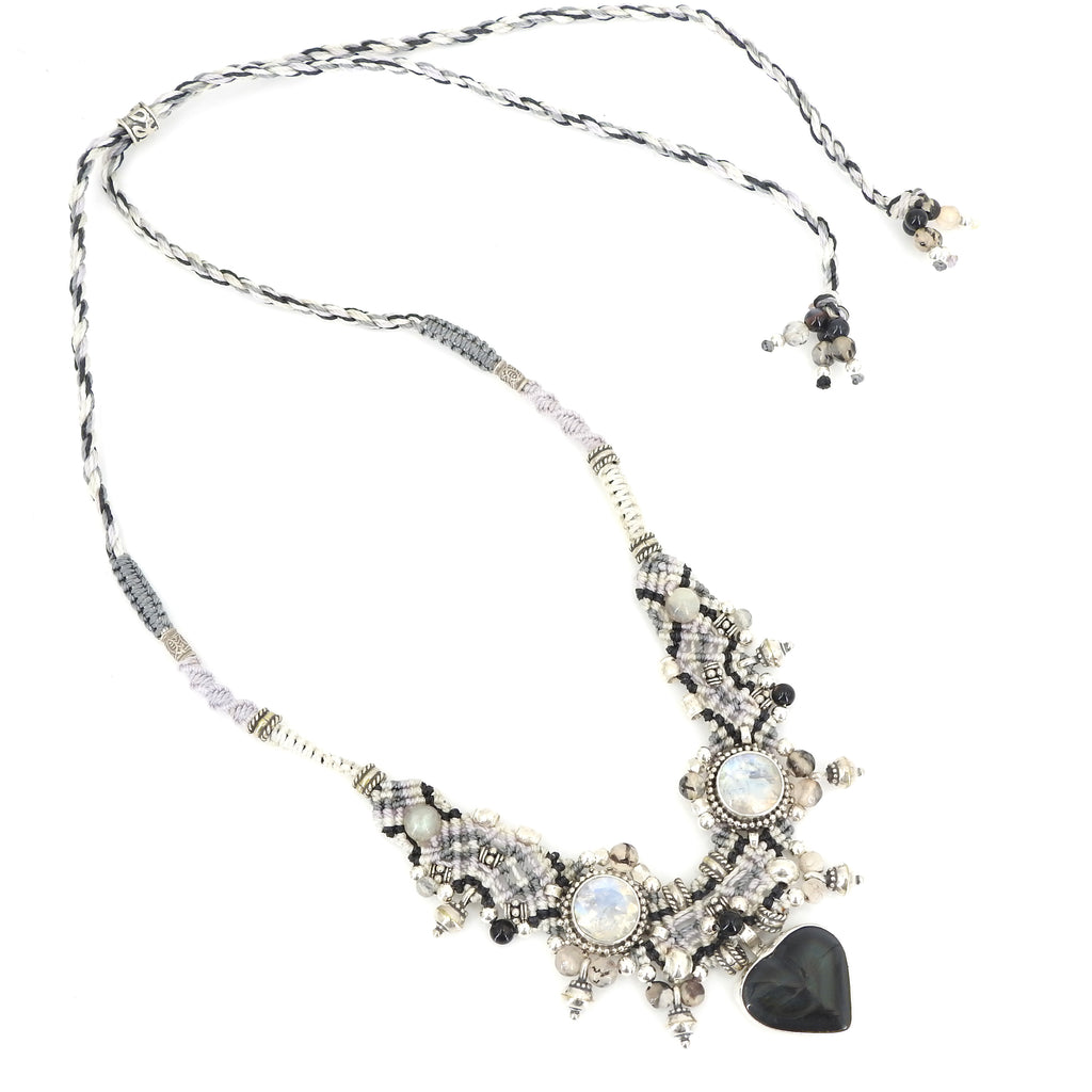Sterling Silver Isha Elafi Rainbow Obsidian Heart & Moonstone Nomadic Knotwork Necklace