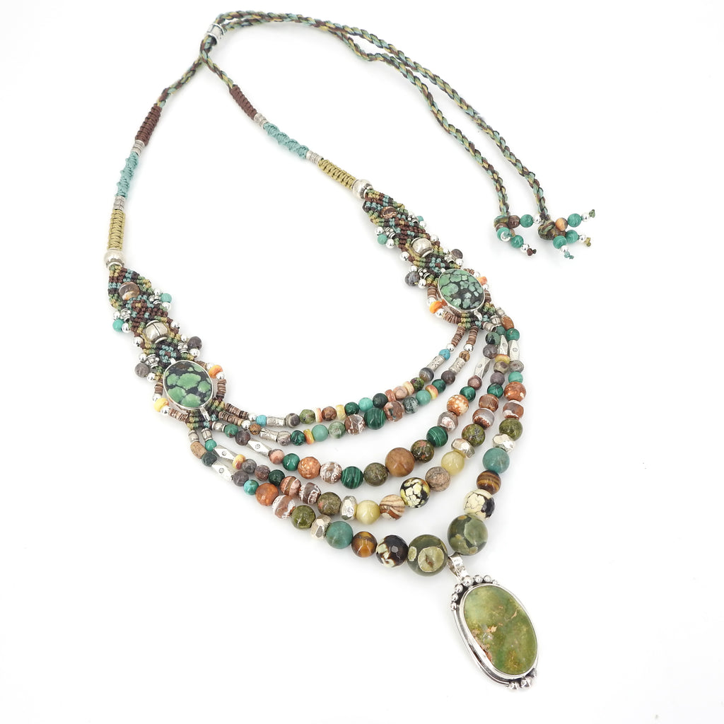 Sterling Silver Isha Elafi Turquoise & Malachite Multi Strand Nomadic Knotwork Necklace