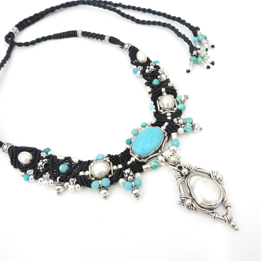 Sterling Silver Isha Elafi Turquoise & Pearl Nomadic Knotwork Necklace