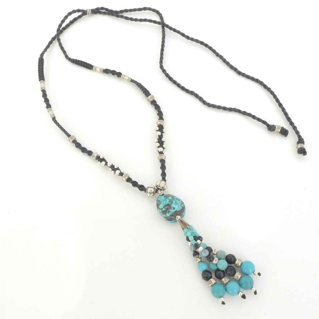 Sterling Silver Isha Elafi Turquoise & Onyx Long Nomadic Knotwork Necklace
