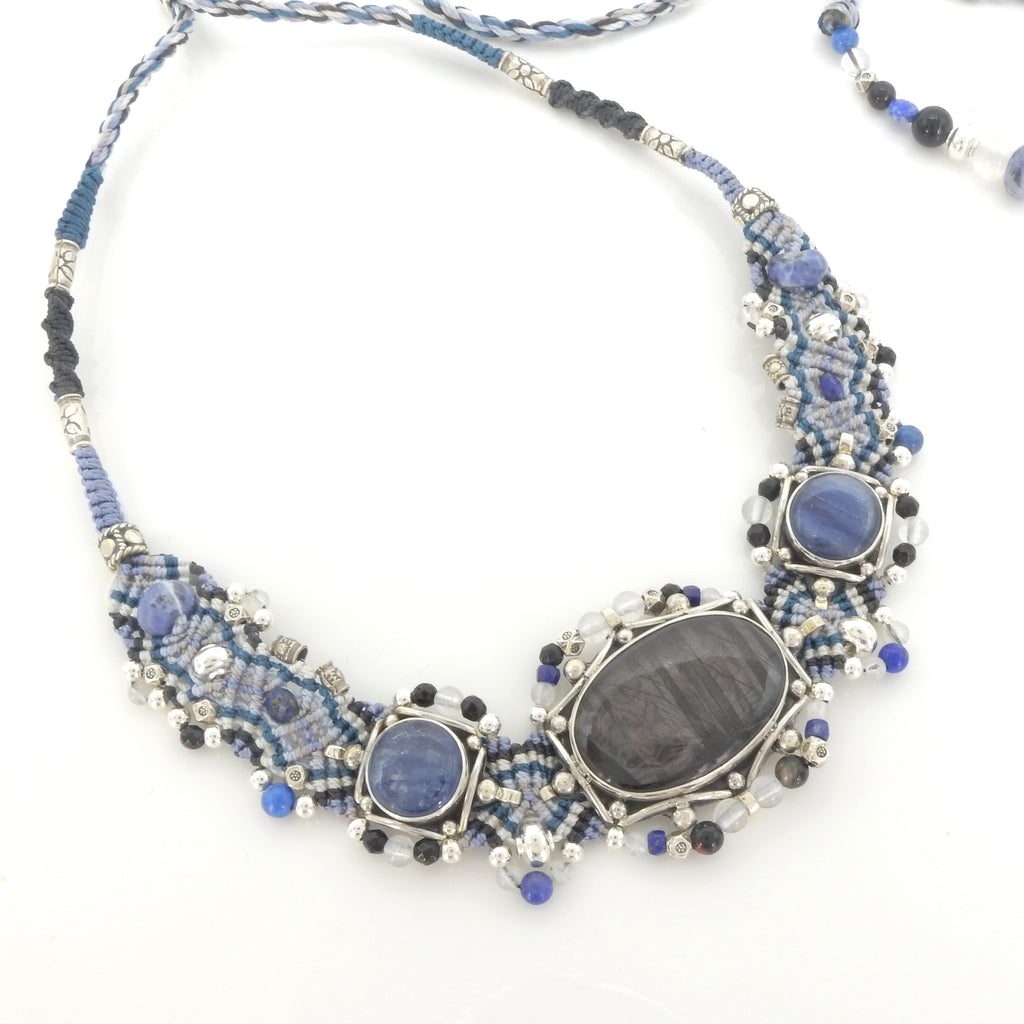 Sterling Silver Isah Elafi Striped Obsidian & Kyanite Nomadic Knotwork Necklace