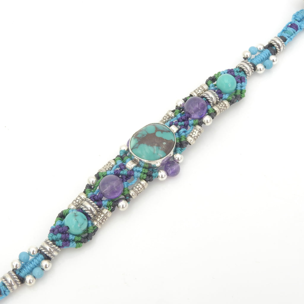 Sterling Silver Isha Elafi Nomadic Knotwork Turquoise & Amethyst Bracelet