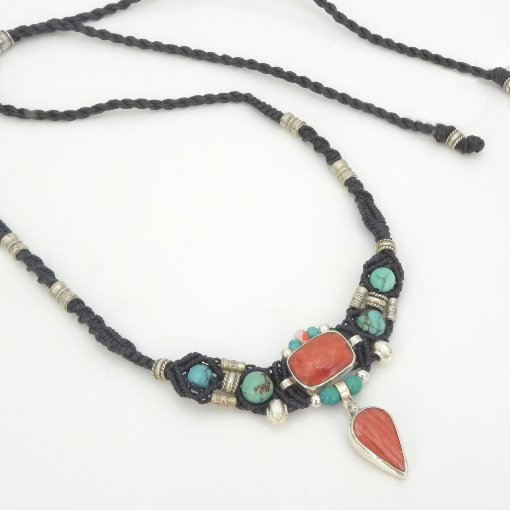 Sterling Silver Isha Elafi Spiny Oyster Coral & Turquoise Nomadic Knotwork Necklace