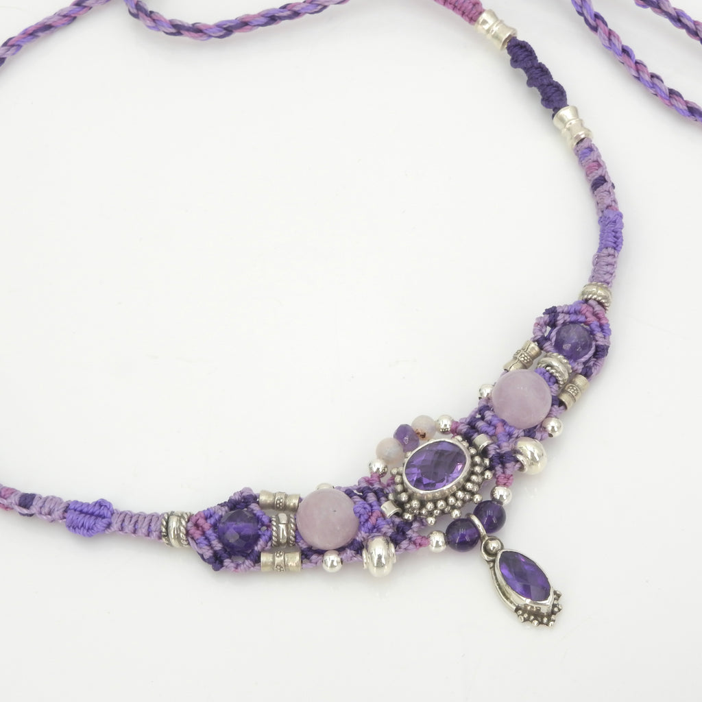 Sterling Silver Isha Elafi Amethyst & Rose Quartz Nomadic Knotwork Necklace