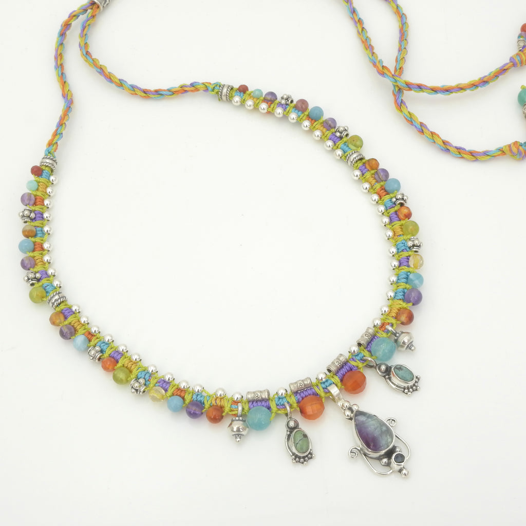 Sterling Silver Isha Elafi Fluorite & Turquoise Nomadic Knotwork Necklace