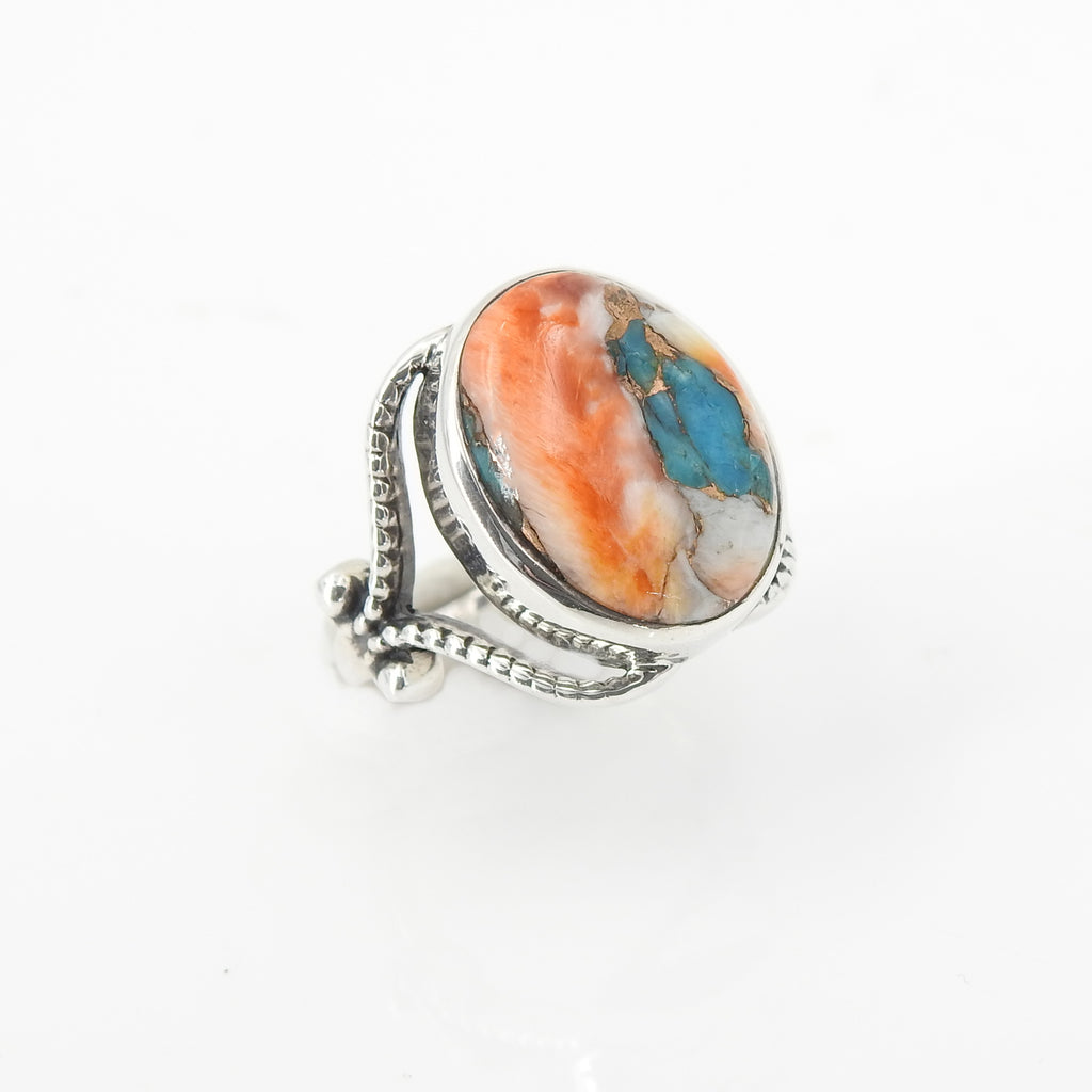 Sterling Silver Turquoise Spiny Oyster & Jasper Ring Size 7