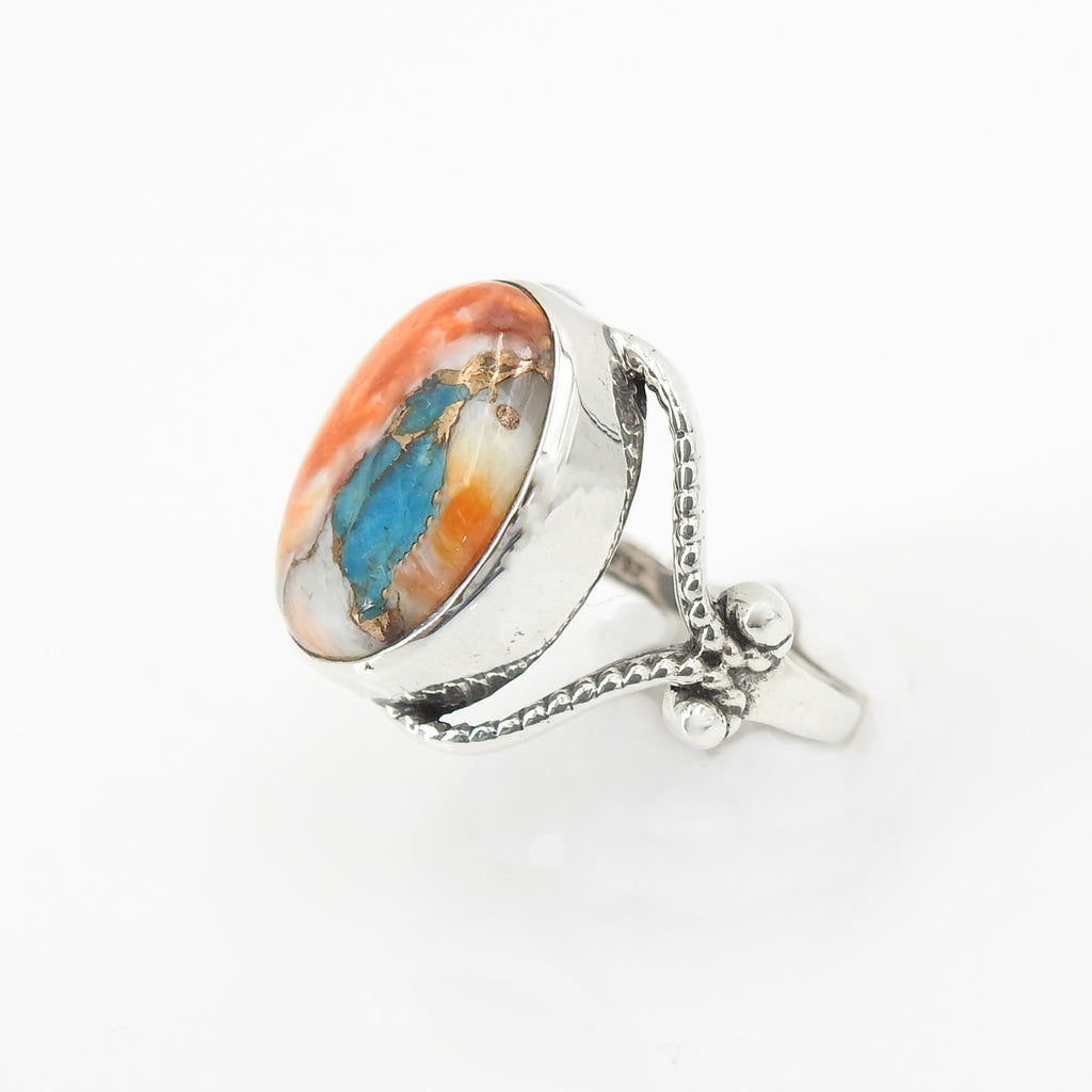 Sterling Silver Turquoise Spiny Oyster & Jasper Ring Size 7