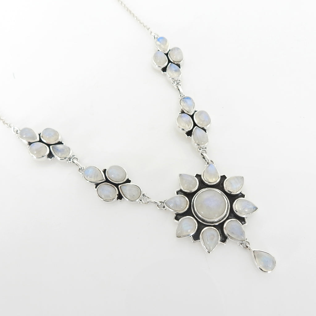 Sterling Silver Rainbow Moonstone Flower Necklace