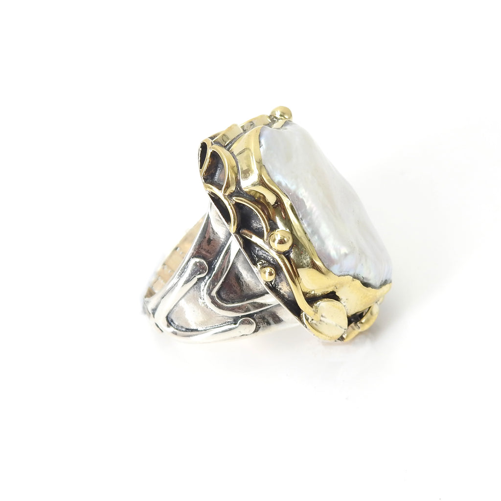 Sterling Silver MabÃ© Pearl w/ 24KT Gold Leaf Ring SZ 8