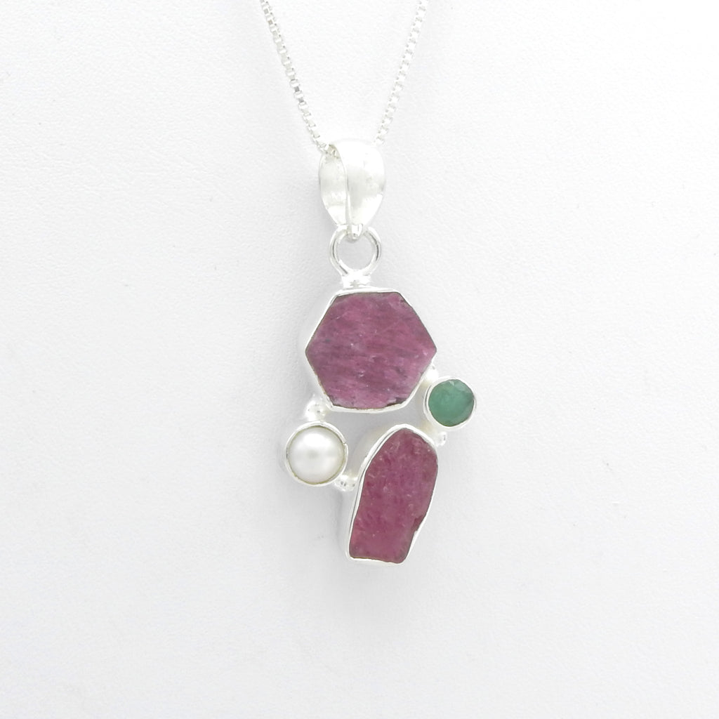 Sterling Silver Ruby, Emerald, & Pearl Pendant