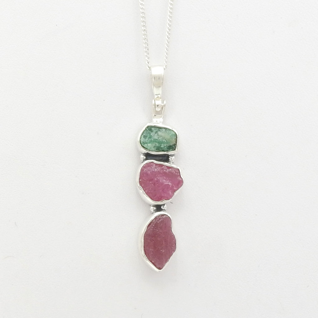 Sterling Silver Rough Emerald & Ruby Pendant
