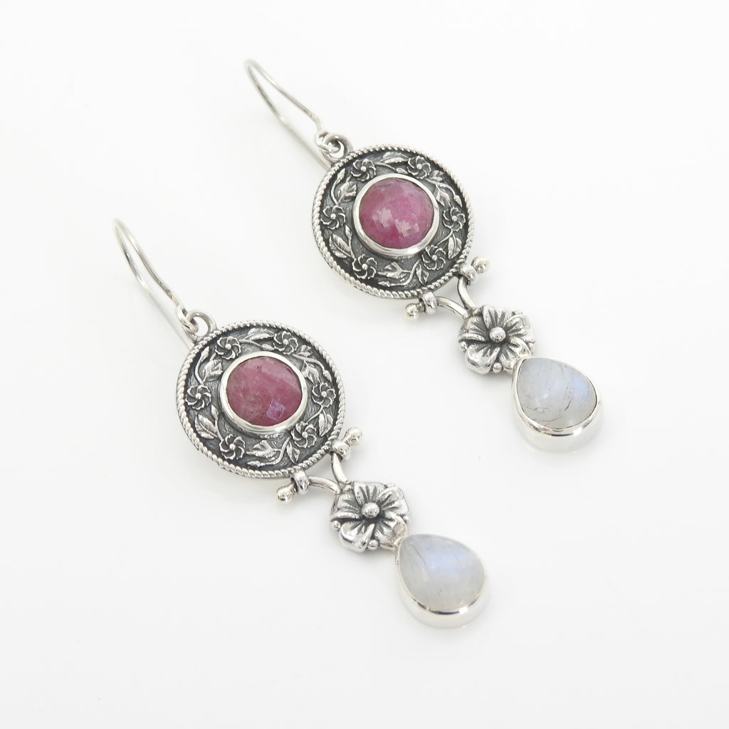 Sterling Silver Ruby & Moonstone Earrings