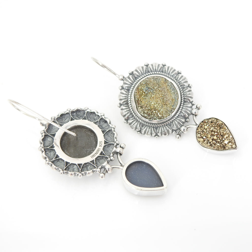 Silver Druzy Earrings, Metallic Quartz Geodes, Gold Hook — CindyLouWho2