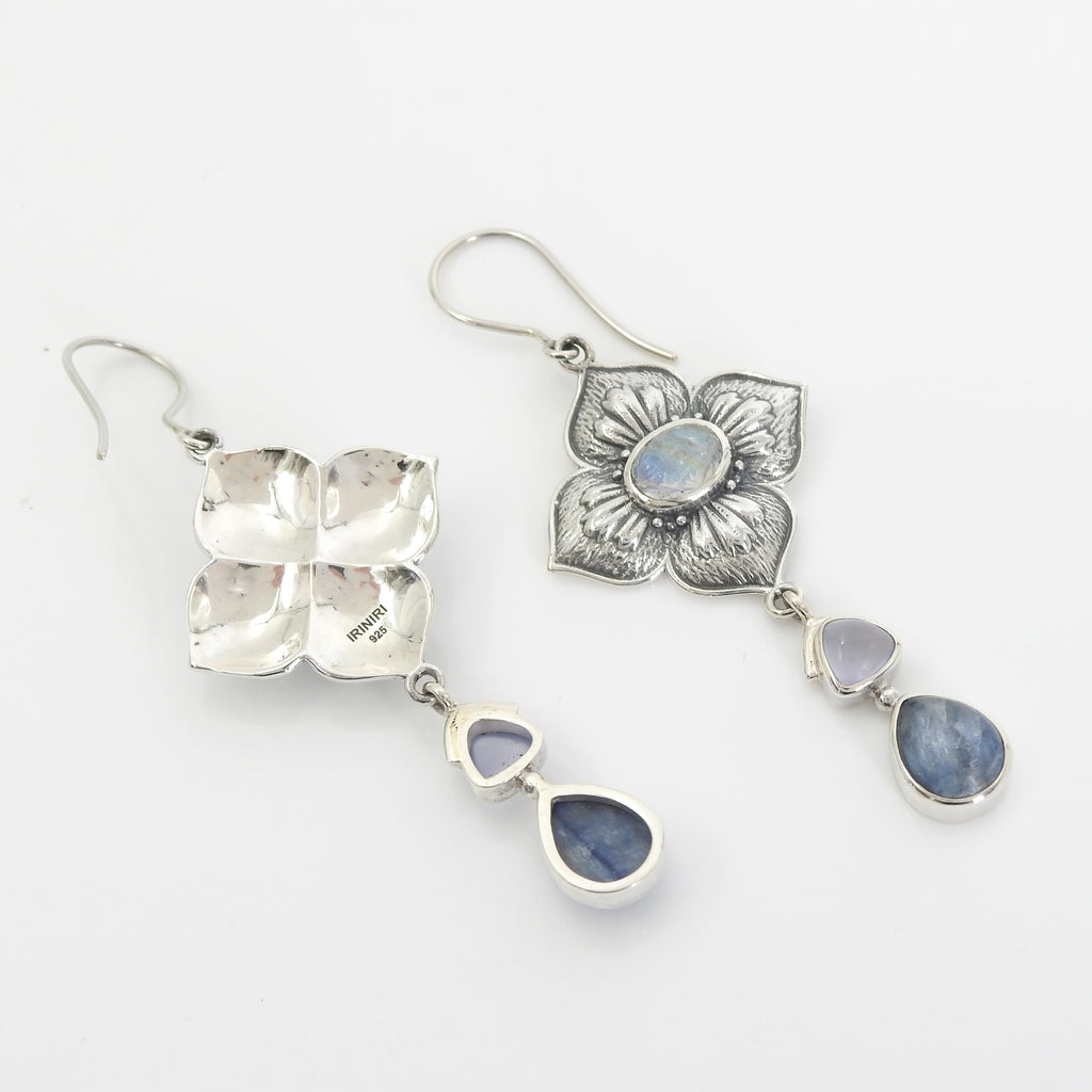 Sterling Silver Carved Moonstone, Kyanite, & Chalcedony Flower Earrings