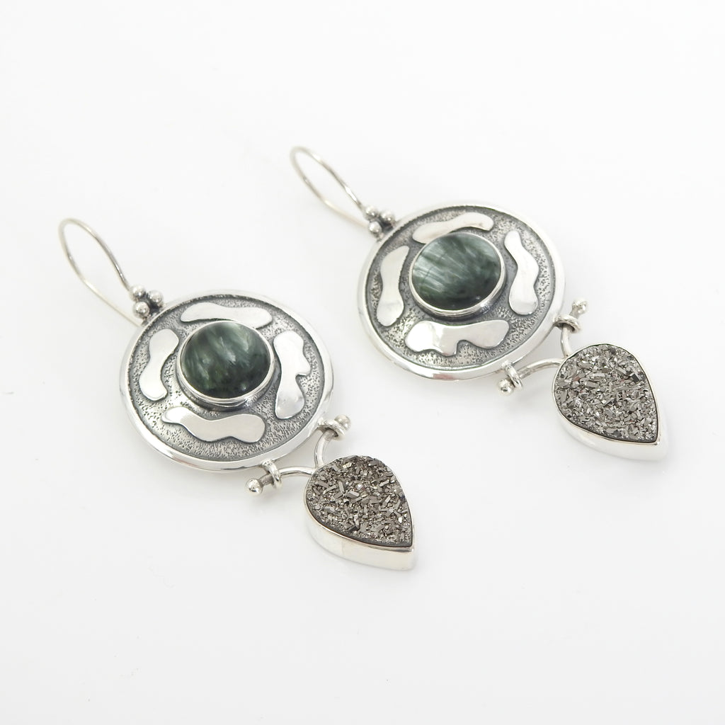 Sterling Silver Serpentine & Druzy Earrings