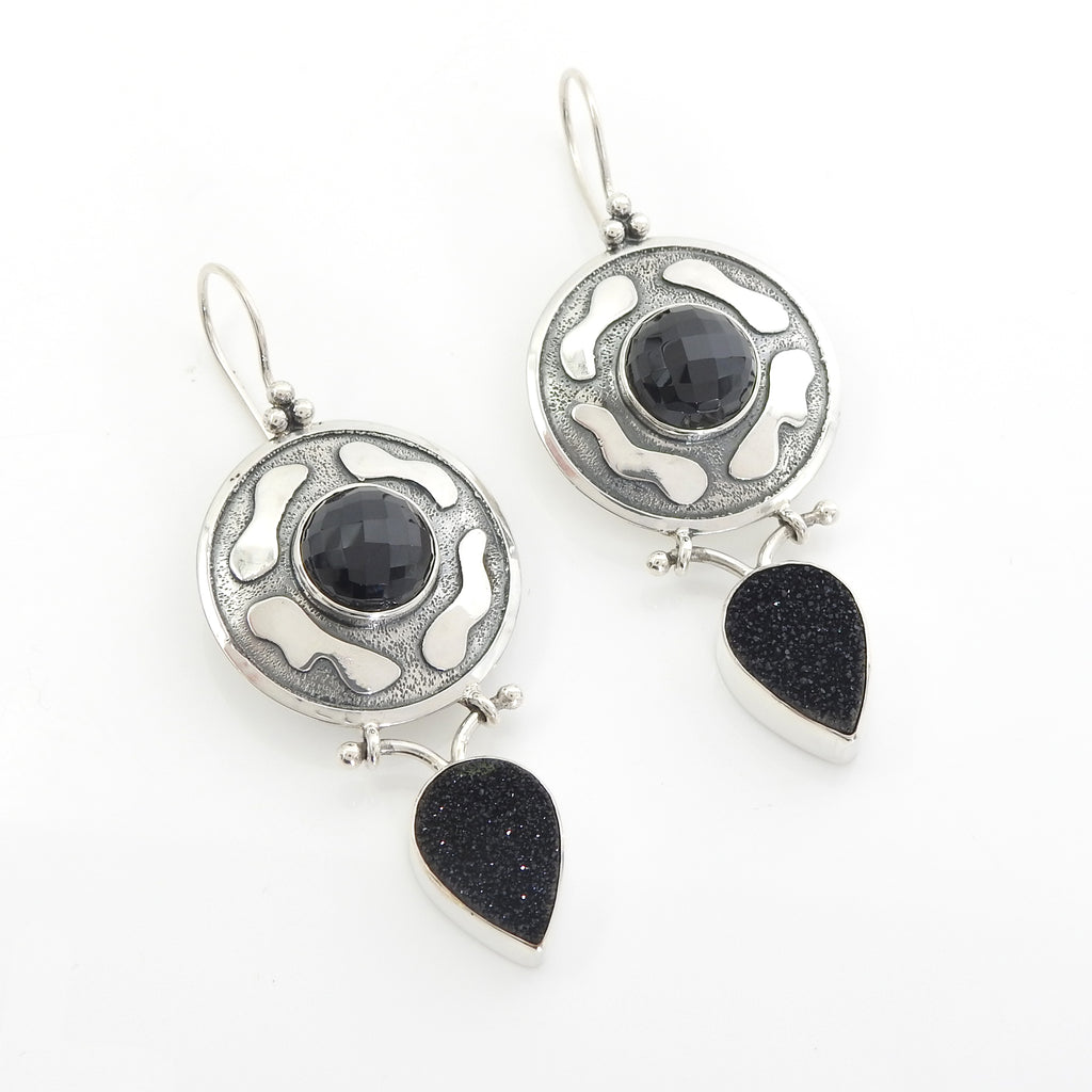 Sterling Silver Black Onyx & Black Druzy Earrings