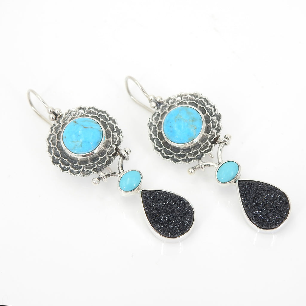 Sterling Silver Turquoise & Black Druzy Earrings
