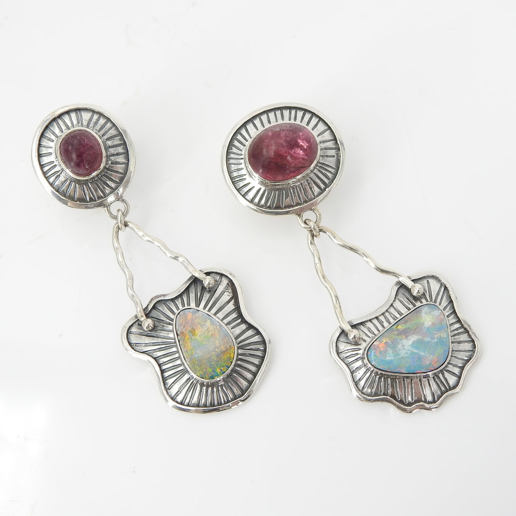 Sterling Silver Pink Tourmaline & Opal Asymmetrical Earrings