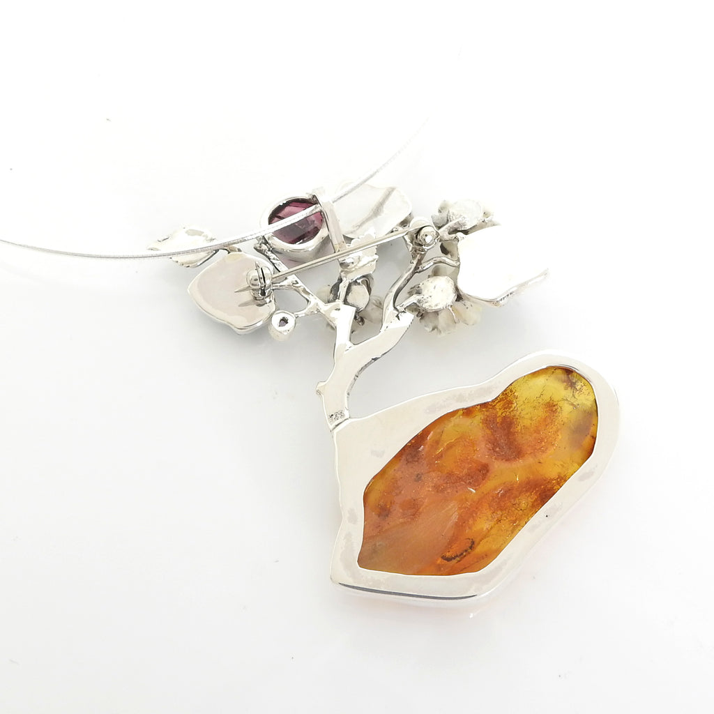 Sterling Silver Iriniri Originals Tree of Gems On Amber Pendant / Pin