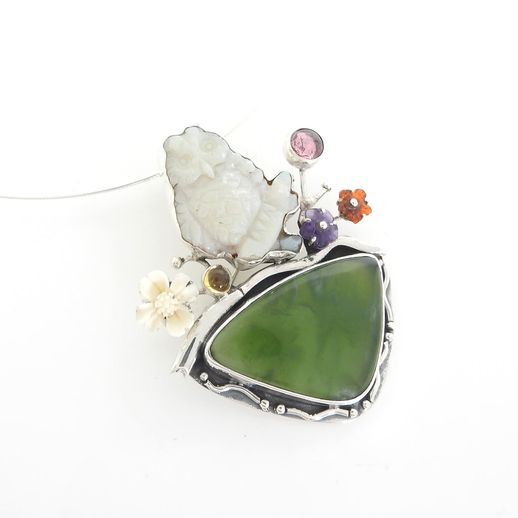 Sterling Silver Iriniri Originals Jade & Opal Owl Pendant / Pin
