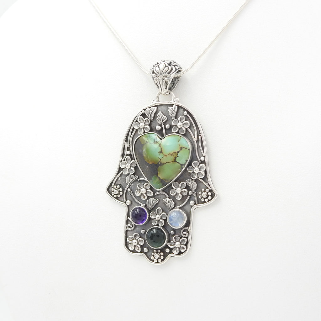 Sterling Silver Iriniri Originals Large Hamsa w/ Turquoise Heart Pendant