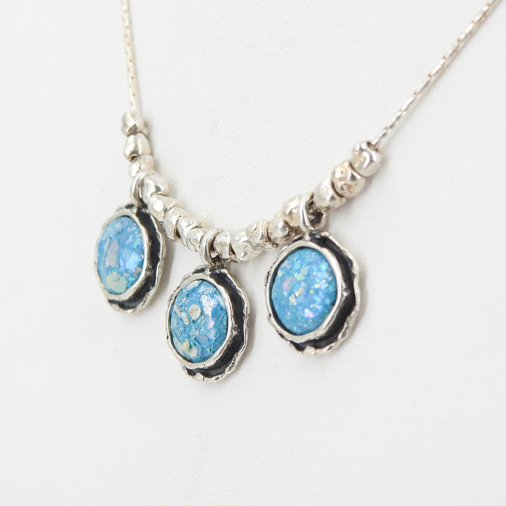 Sterling Silver Roman Glass Triplet Necklace