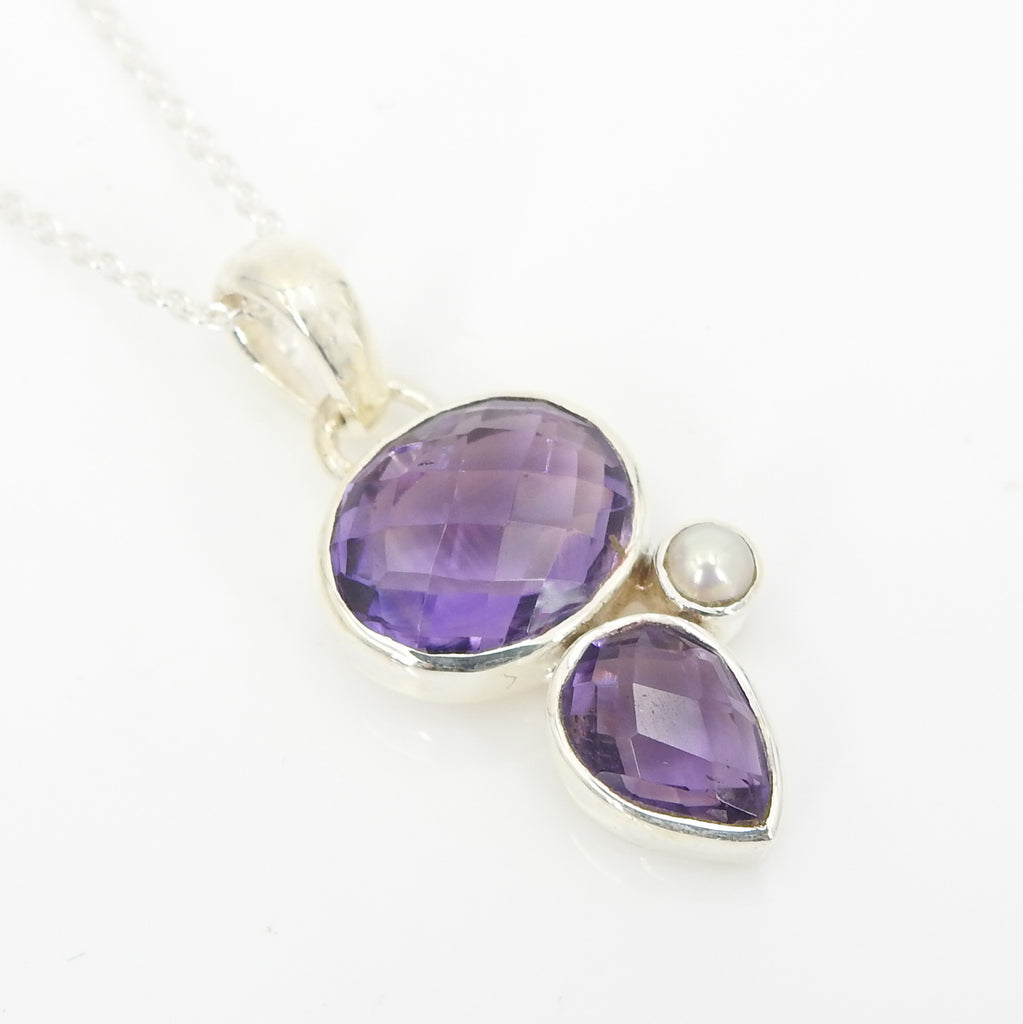 Sterling Silver Double Amethyst & Pearl Pendant