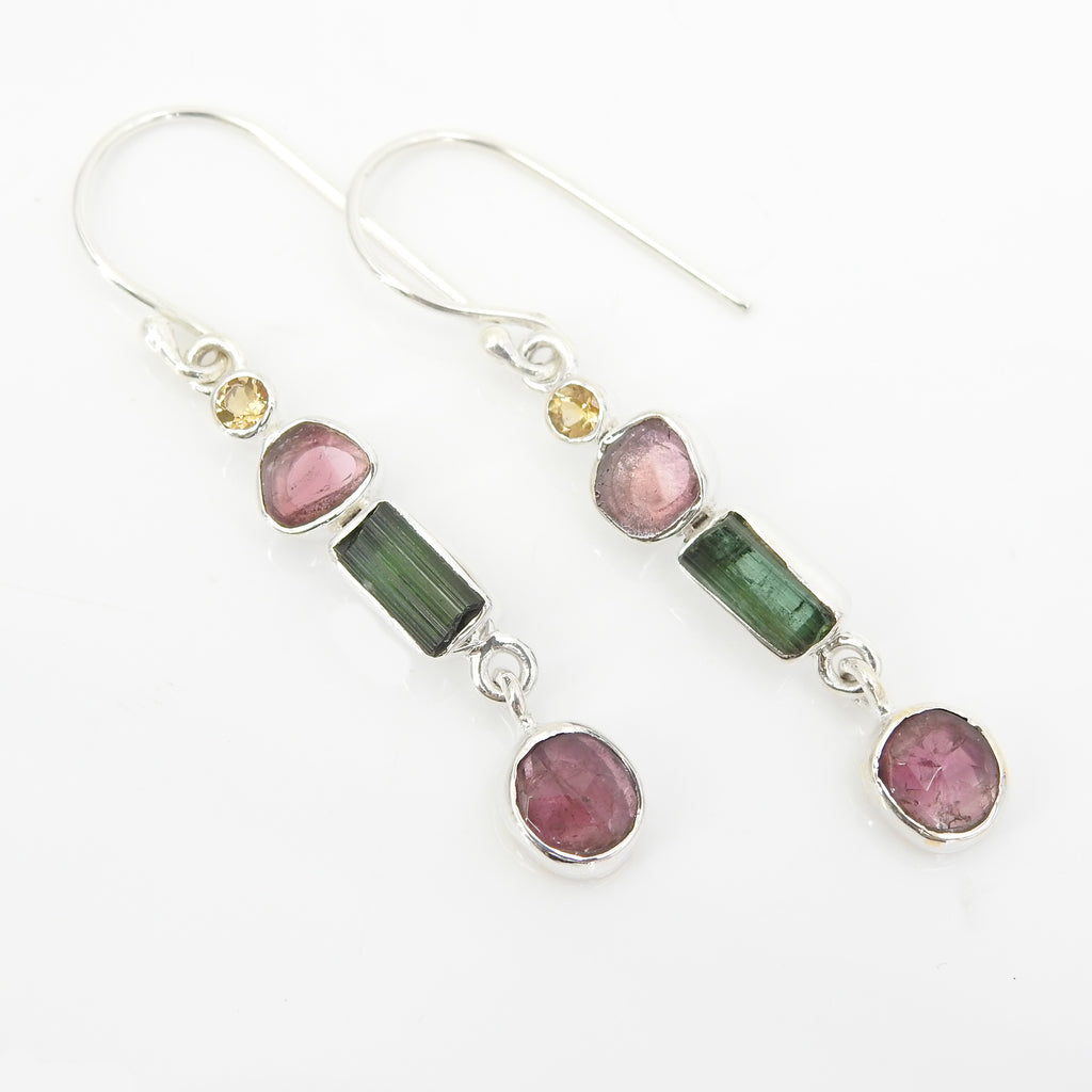 Sterling Silver With Pink Green and Watermelon Tourmaline Dangle Earrings