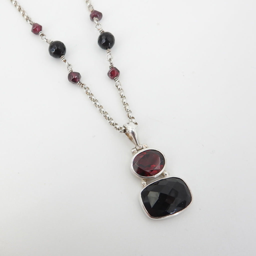 Sterling Silver Garnet and Onyx Necklace