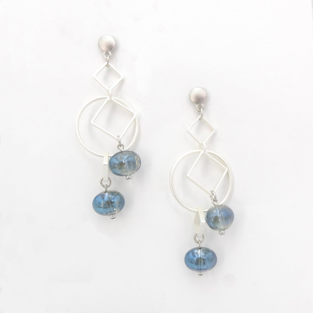 Geometric Matte Silver & Blue Bead Earrings