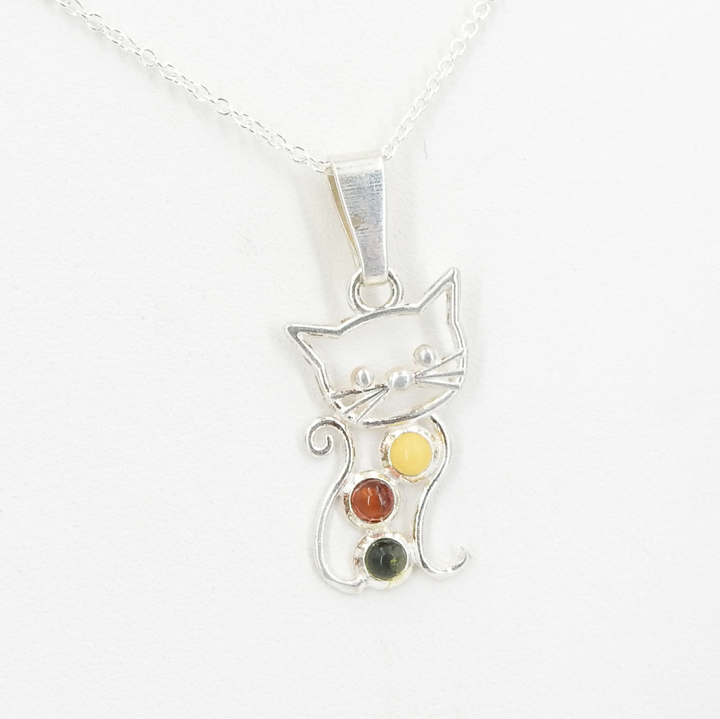 Sterling Silver Cat w/ Amber Pendant