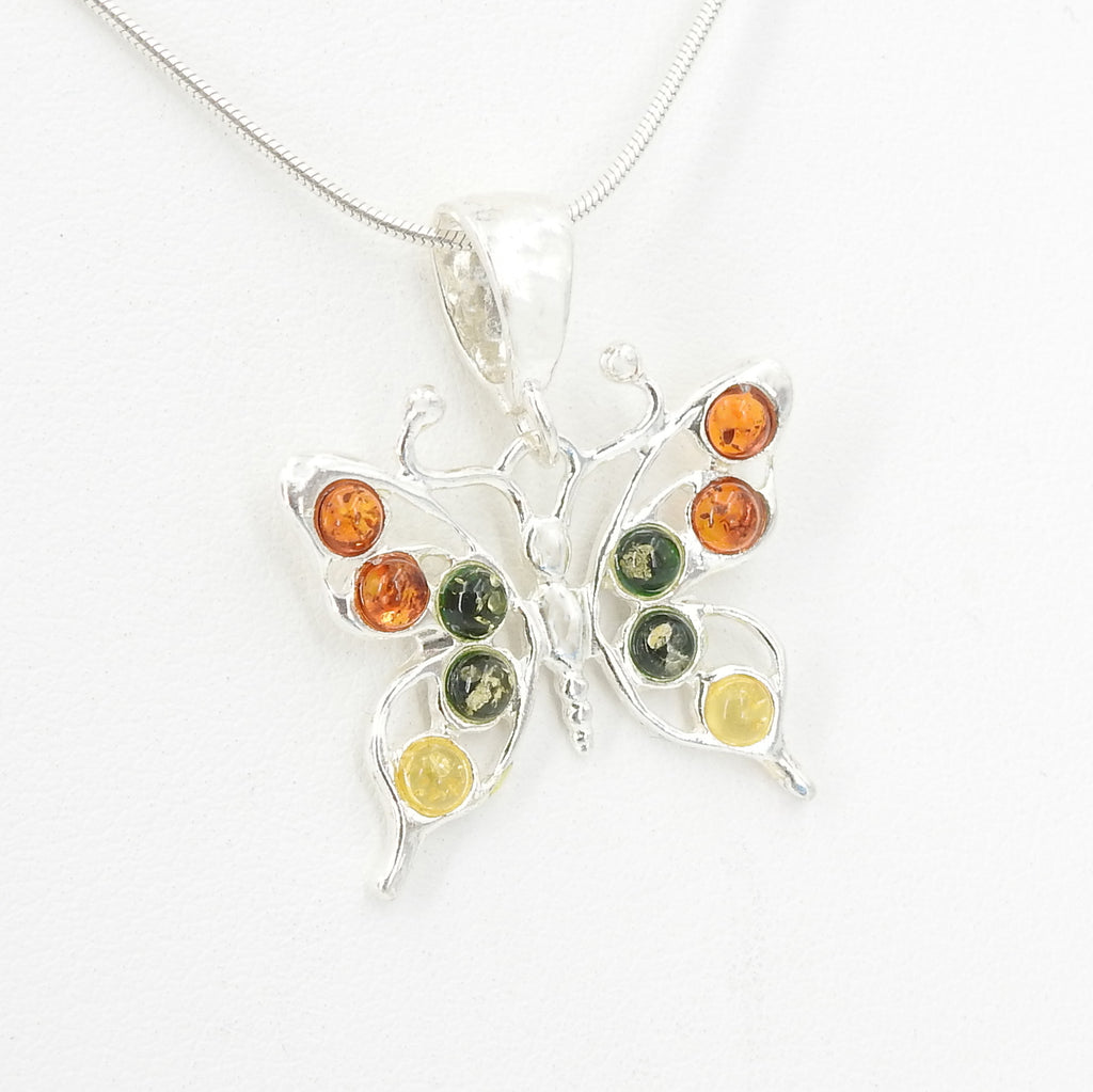 S/S Butterfly Pendant W Mixed Amber