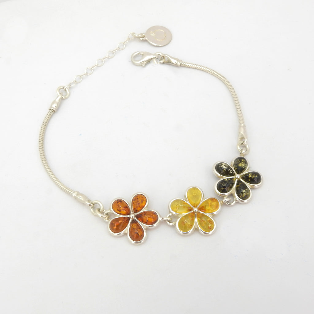 Sterling Silver Amber Flower Bracelet