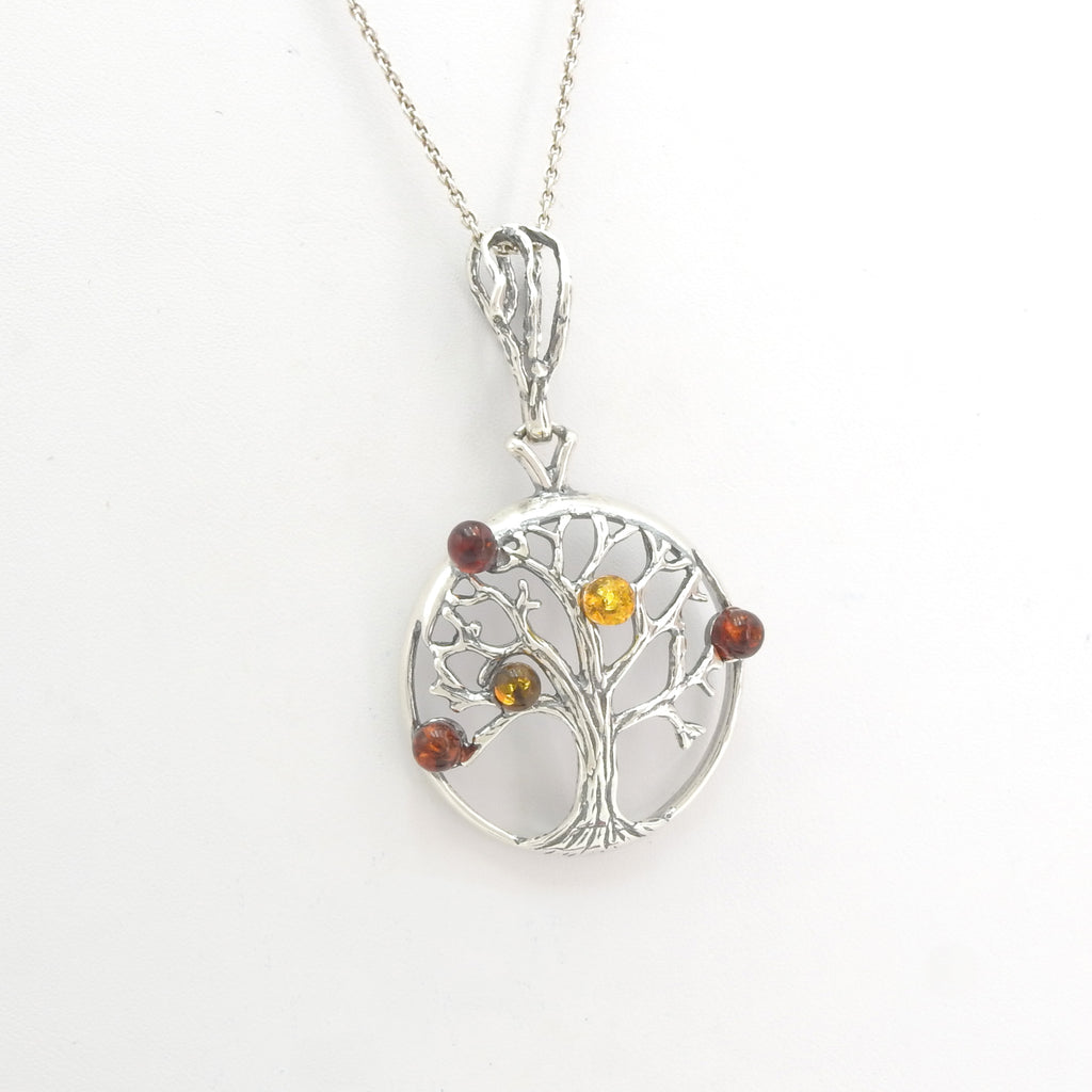 Sterling Silver Round Tree of Life Amber Pendant