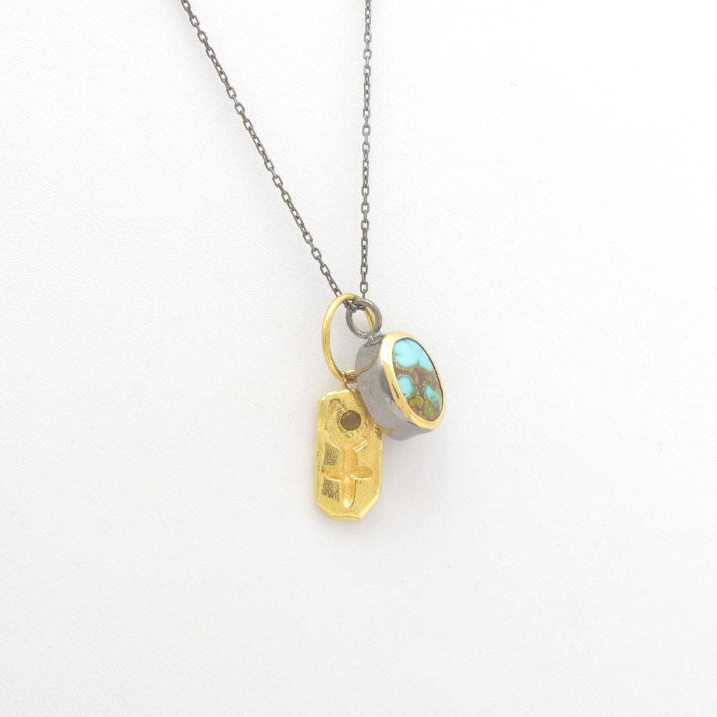 Sterling Silver Two Tone Turquoise & Ankh Charm Necklace