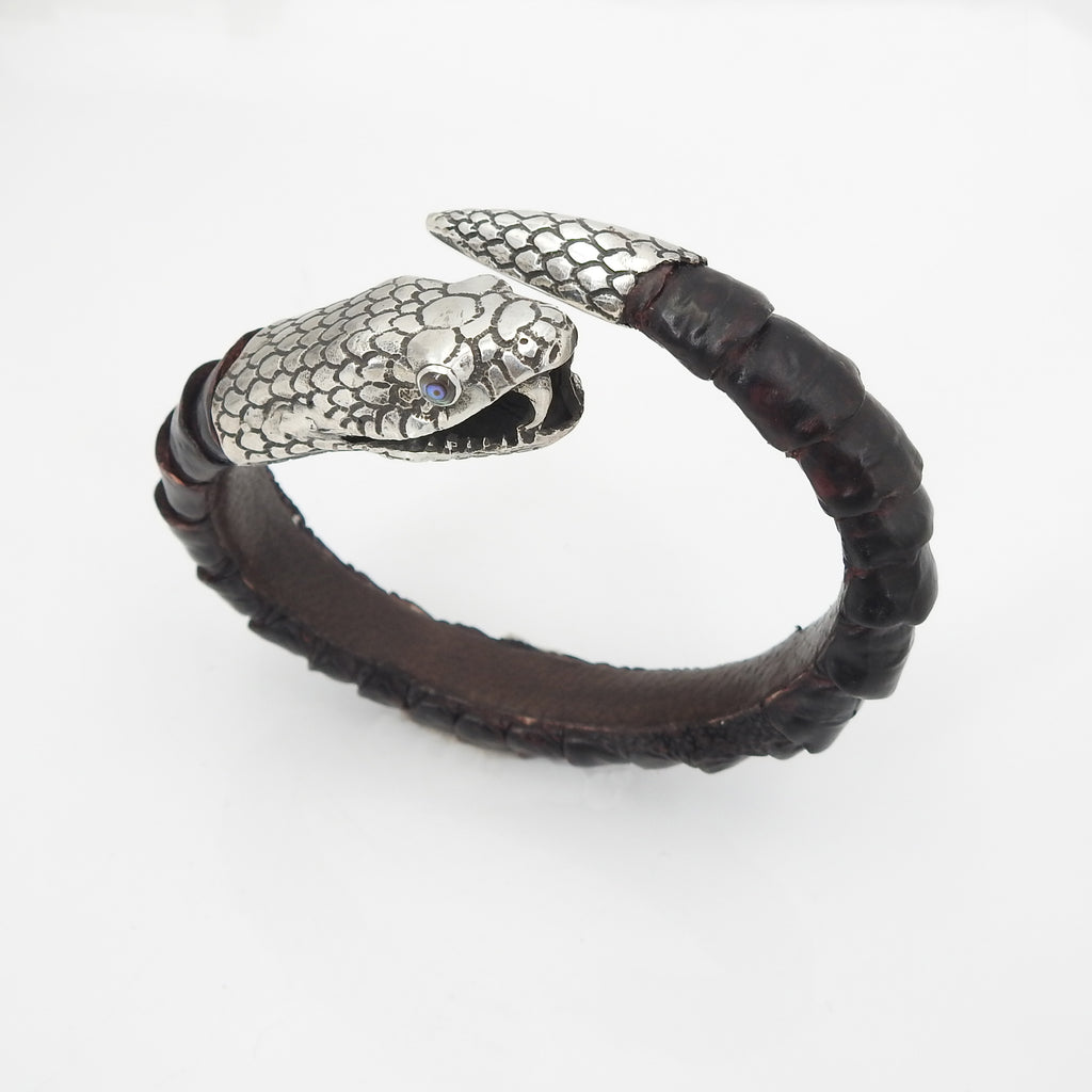 Sterling Silver & Leather Snake Bracelet