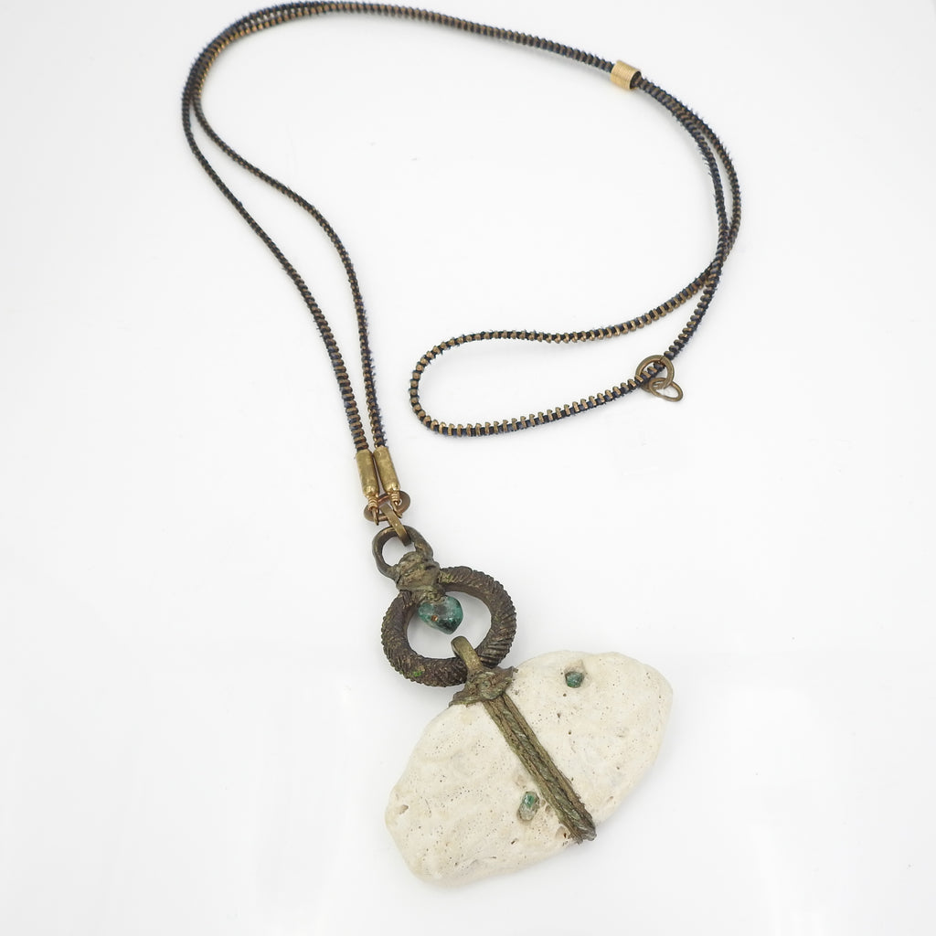Lou Zeldis Brass and River Rock Necklace w/ Emerald