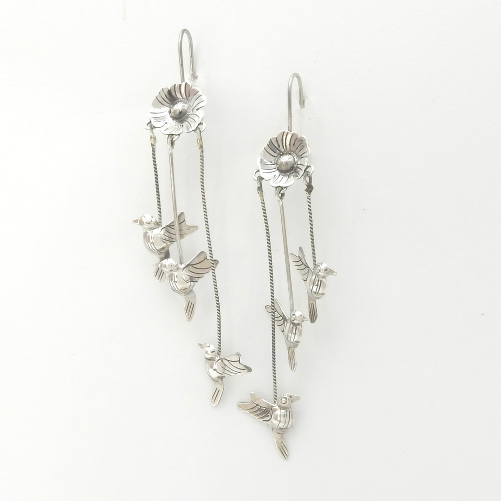 Sterling Silver Flower & Bird Dangle Earrings