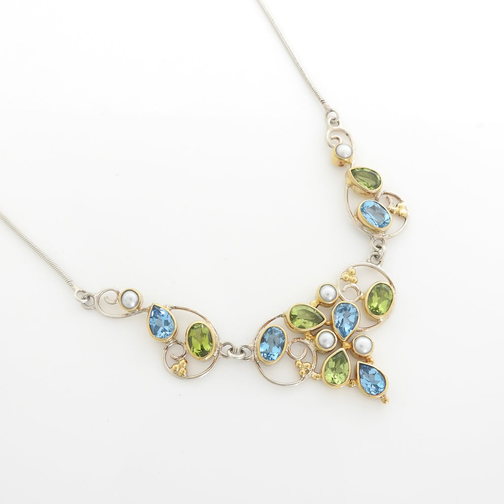 Sterling Silver & 22KT Gold Vermeil Peridot Pearl & Blue Topaz Necklace